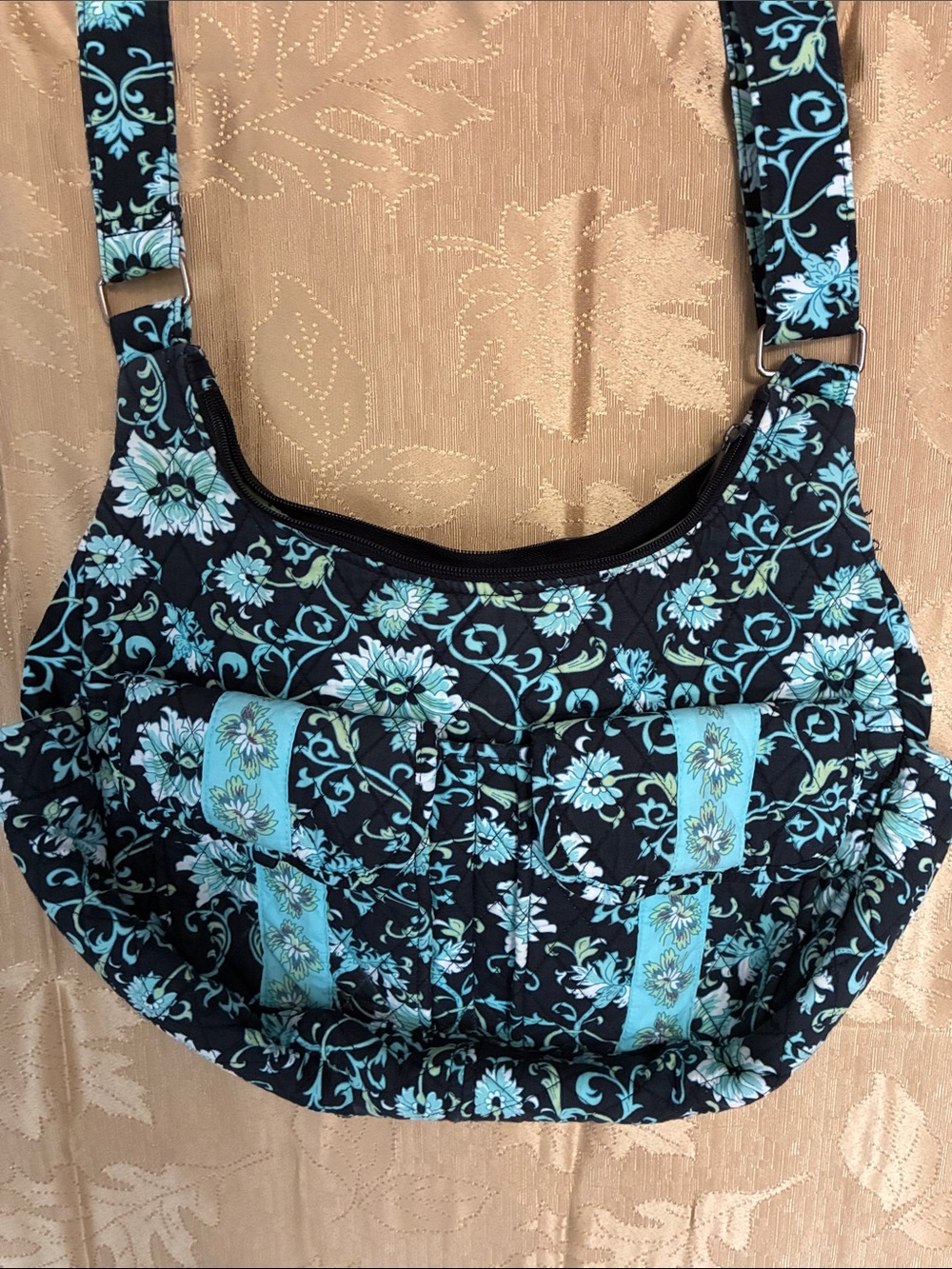 Lemon Hill Quilted Floral Hobo Bag in Black and Light Blue - Unbranded